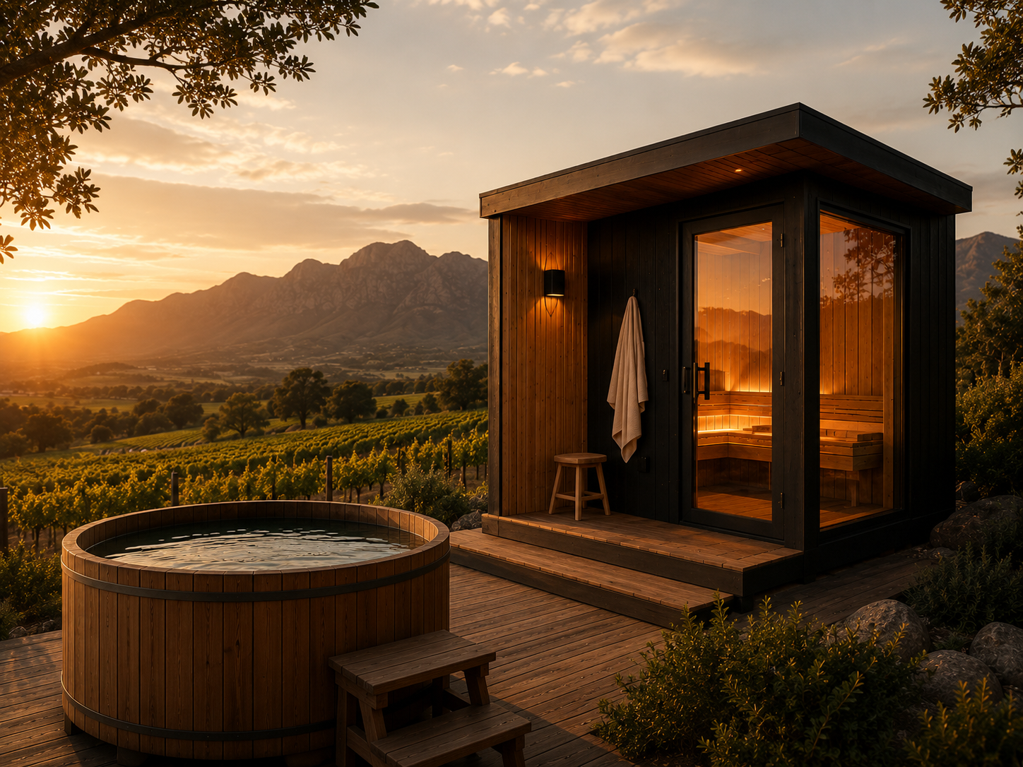 Cold plunge tub beside a sauna at sunset in the Winelands